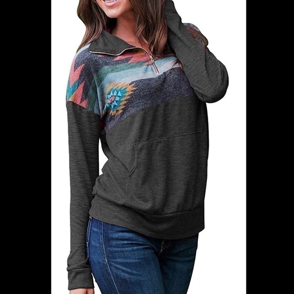 Dark gray Aztec print long sleeve top - Picture 1 of 5